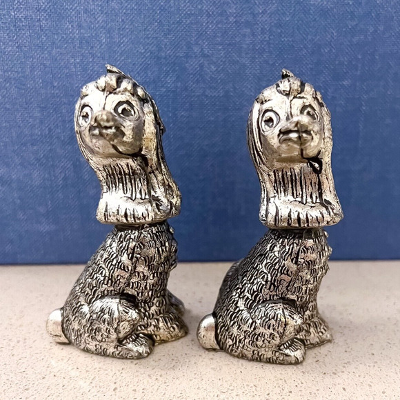 Pair Silver Finish 3in Poodle Afghan Dog Figurine Signed Italy Vintage Ribbon - Picture 2 of 6